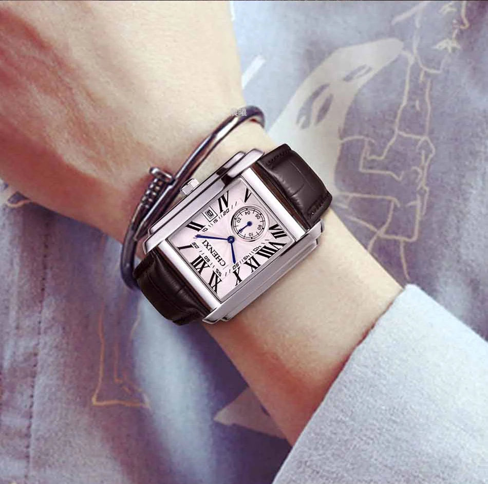 Chenxi 8216 relógios de quartzo casuais masculinos elegante mostrador quadrado pulseira de couro à prova d'água calendário simples relógio de pulso masculino de negócios