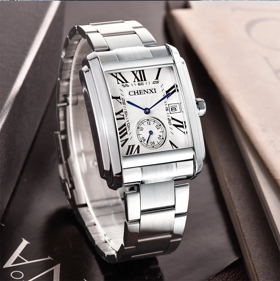 CHENXI 8216 Relógio de quartzo masculino de negócios casual quadrado à prova d'água pulseira de aço inoxidável calendário relógios clássicos da moda para homens