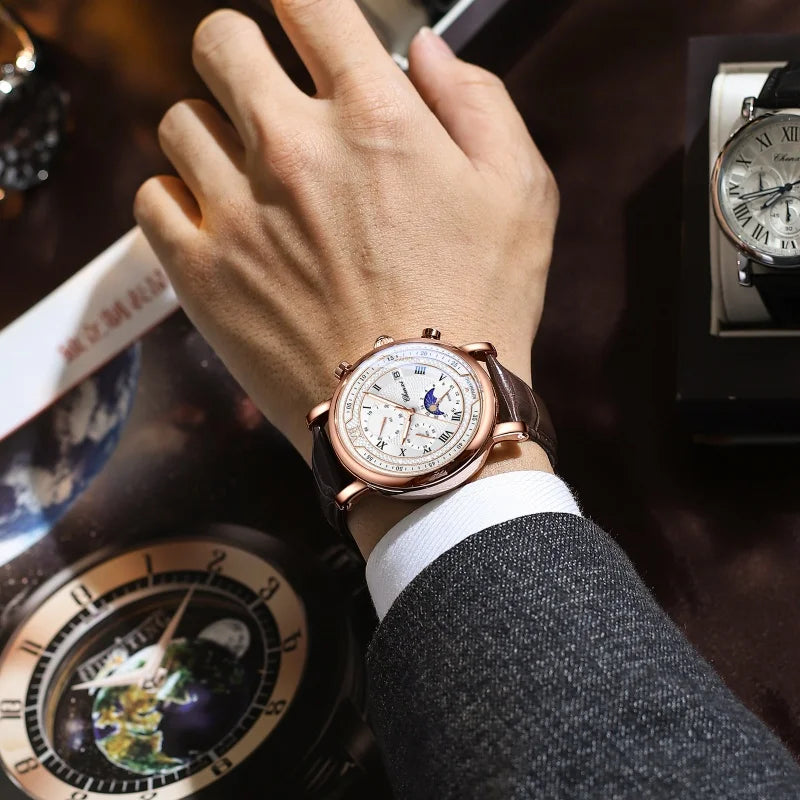 CHENXI-Relógio de quartzo de couro 976 masculino, fase da lua, cronógrafo luminoso, relógio de pulso comercial, relógio de pulso comercial