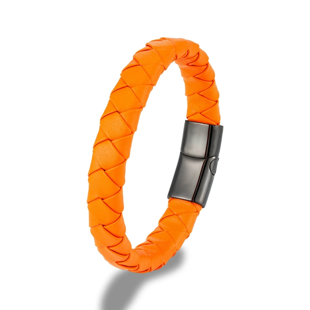 MKENDN Simple Style Men Women Braided Genuine Orange Leather Bracelet Black Stainless Steel Magnetic Buckle Bracelet Gifts Homme