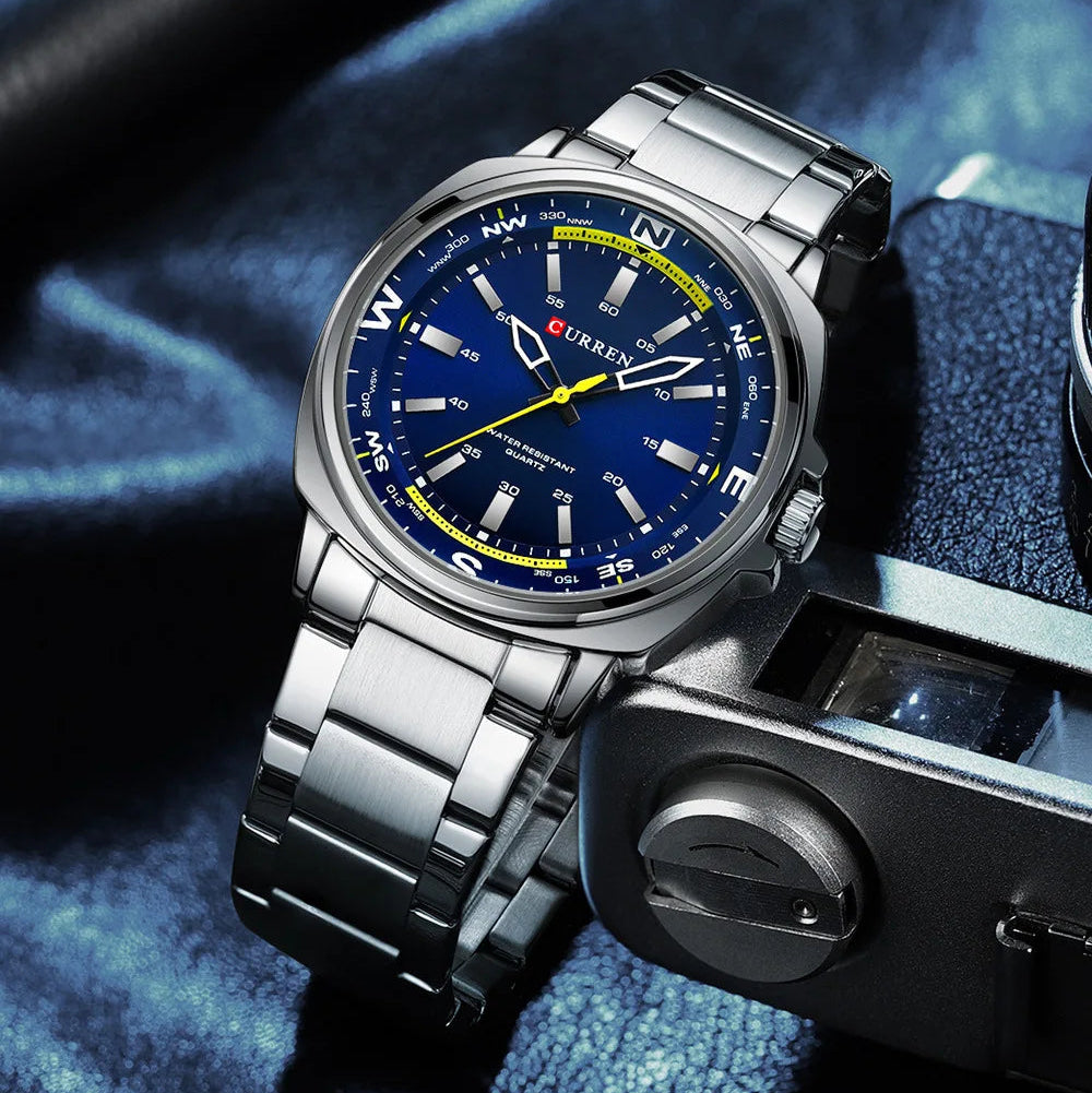 Curren 8455 relógio de quartzo masculino lazer negócios moda preto prateado display analógico pulseira de aço inoxidável para relógio masculino