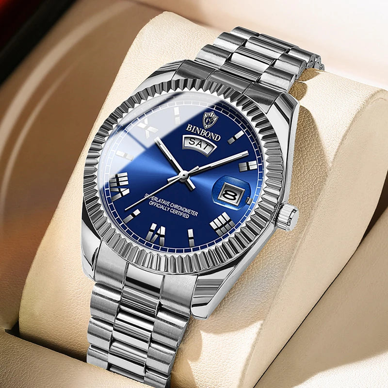 2025 novo relógio de luxo para homem à prova dwaterproof água luminosa data semana aço inoxidável relógio masculino casual quartzo relógios masculino + caixa