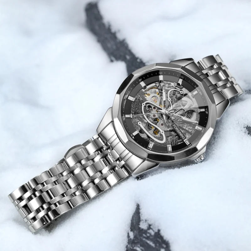Forsining 468a relógios mecânicos automáticos para homem marca elegante luminosa simples pulseira de aço relógio de negócios reloj hombre