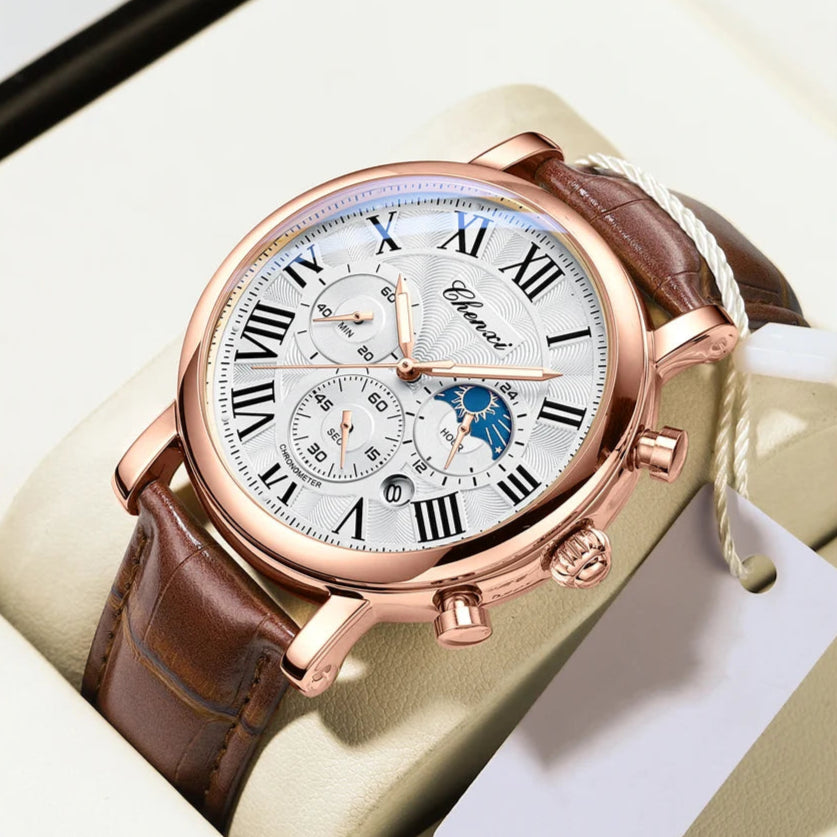 Chenxi 973 relógio de quartzo masculino moda negócios fase da lua data multifuncional cronógrafo pulseira de couro relógio de pulso para masculino
