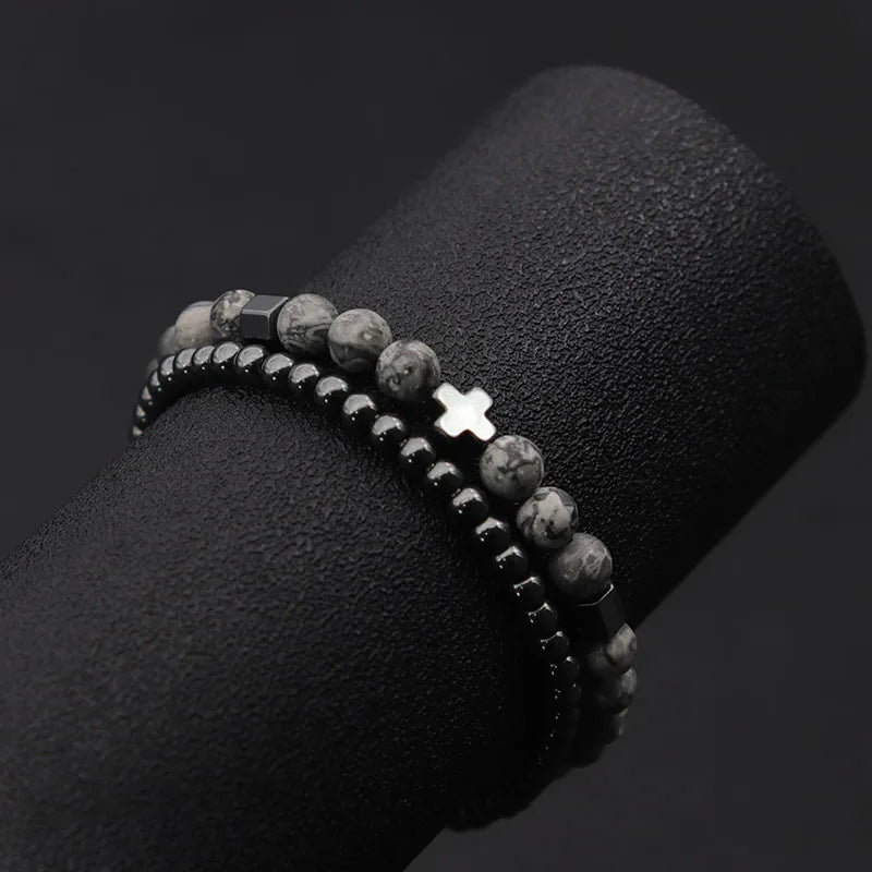 2pcs Men Bracelet Set Hematite Cross Braslet For Hombre Natural Lava Tiger Eyes Stone Braclet Homme Beaded Brazalete Pulseira