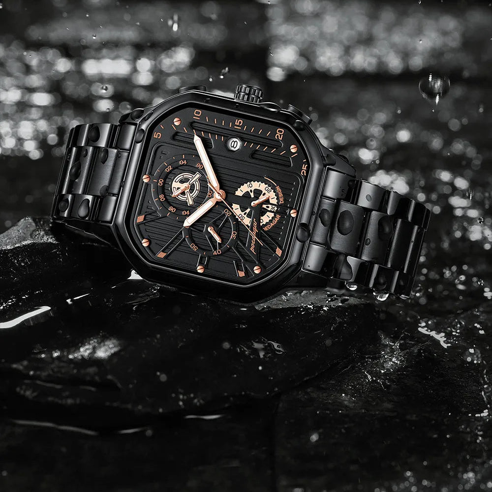 Poedagar homem relógio de pulso moda luminosa à prova dwaterproof água cronógrafo data relógio masculino quadrado aço inoxidável quartzo relógios masculinos reloj