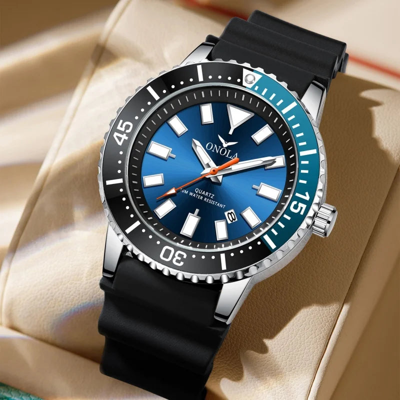 Onola 3850 cor clássica relógio de quartzo masculino genuíno à prova dwaterproof água calendário luminoso pulseira de borracha casual diário relógio masculino presentes