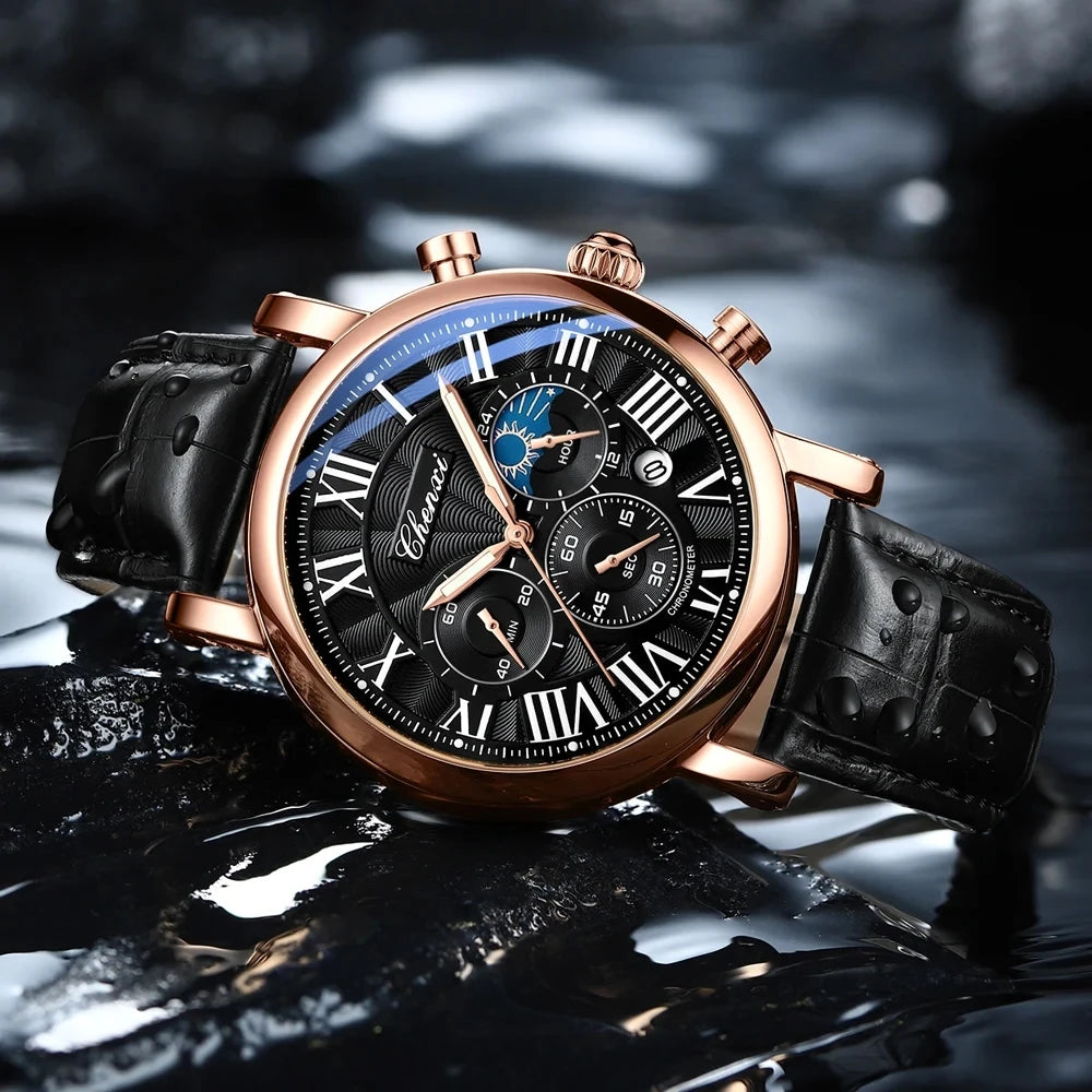 Chenxi 973 relógio de quartzo masculino moda negócios fase da lua data multifuncional cronógrafo pulseira de couro relógio de pulso para masculino