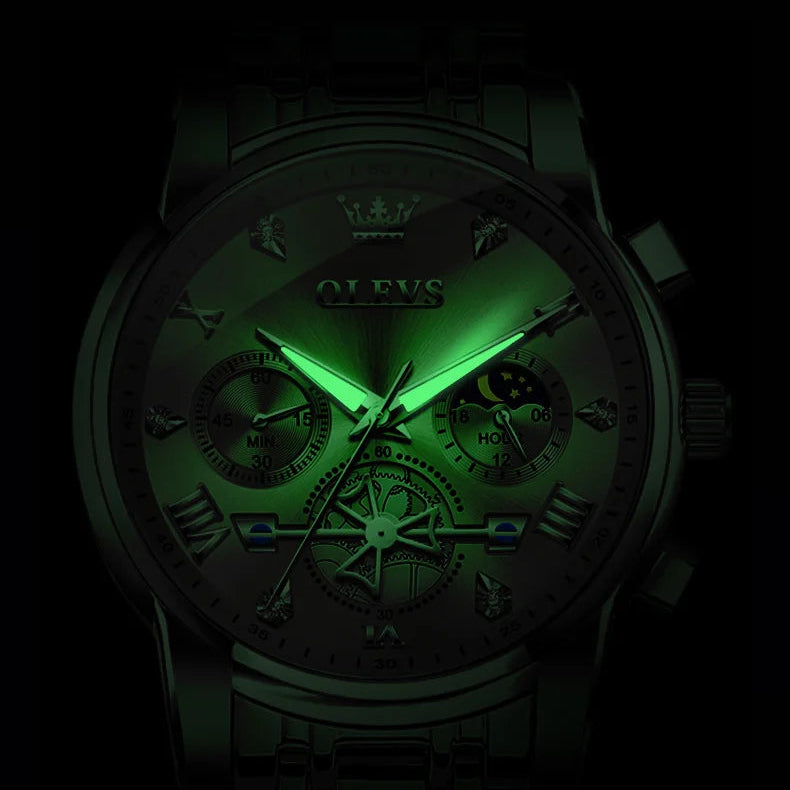 OLEVS 2856 Men's Watches Classic Multifunctional Fltwheel Chronograph Original Quartz Wristwatch Moon Phase 24 Hour Waterproof