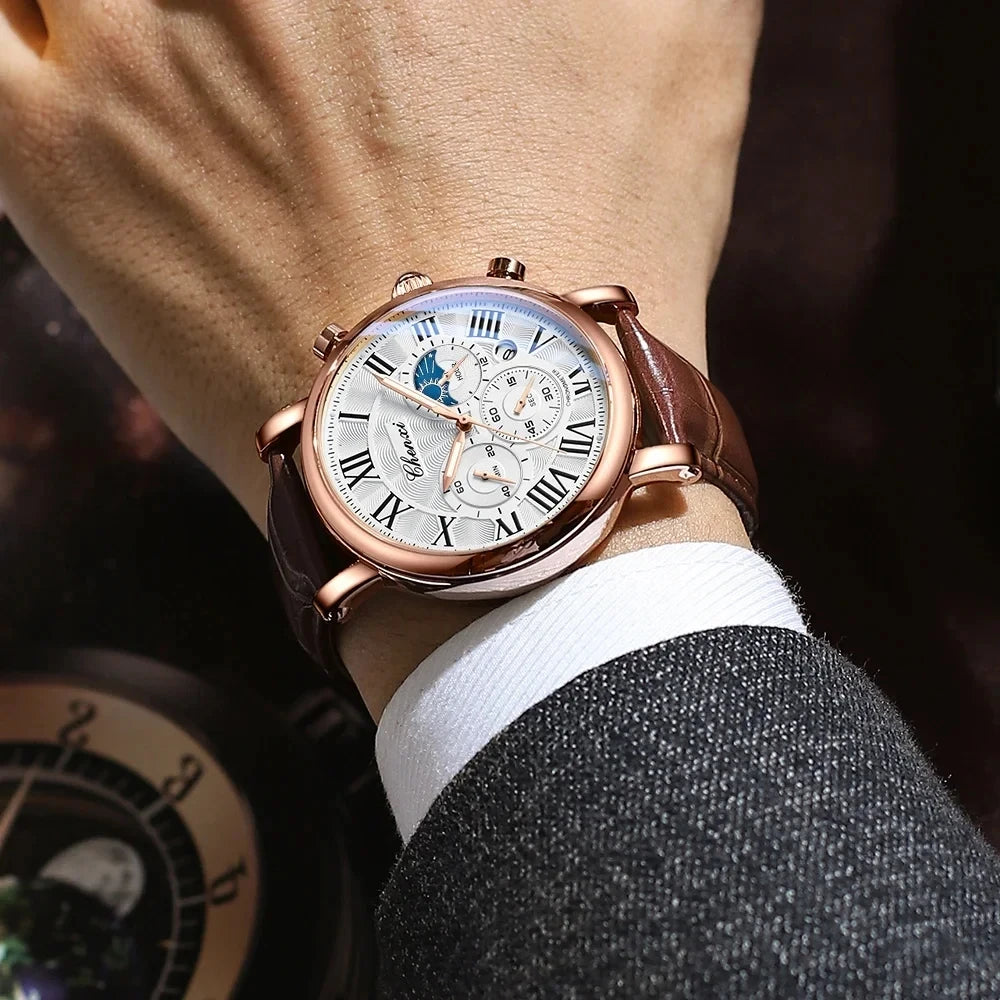 Chenxi 973 relógio de quartzo masculino moda negócios fase da lua data multifuncional cronógrafo pulseira de couro relógio de pulso para masculino