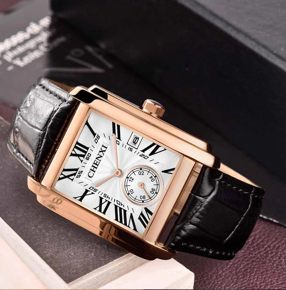 Chenxi 8216 relógios de quartzo casuais masculinos elegante mostrador quadrado pulseira de couro à prova d'água calendário simples relógio de pulso masculino de negócios