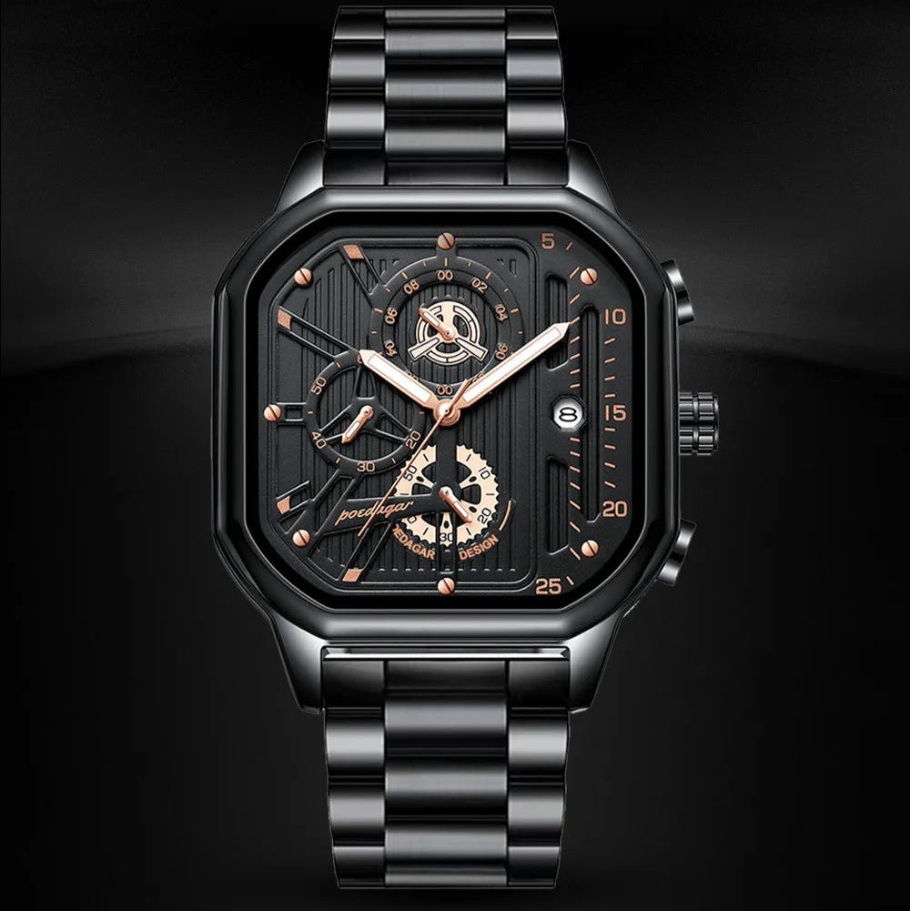 Poedagar homem relógio de pulso moda luminosa à prova dwaterproof água cronógrafo data relógio masculino quadrado aço inoxidável quartzo relógios masculinos reloj