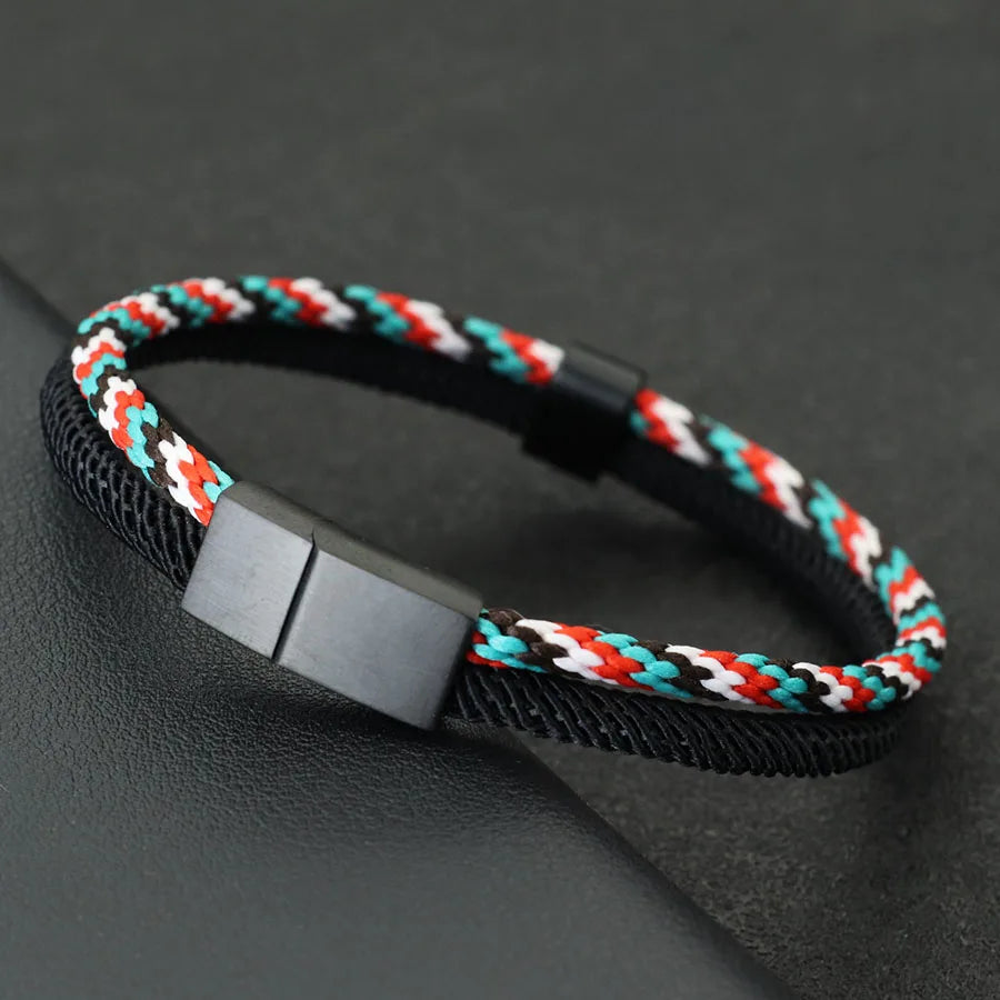 New Stylish Paracord Bracelet Men Stainless Steel Magnet Buckle Bicolor Thread Bangle Outdoor Riding Nautical Wrap Braslet Homme