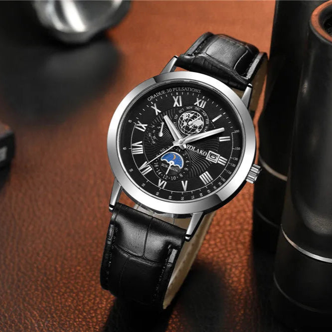 UTHAI H150 Relógio de quartzo masculino Roman Earth Design Calendário Relógio Banda de couro preto para meninos Estudante Luz Relógios de moda de luxo