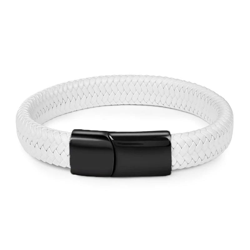 Fashion Simple White Leather Braid Bracelet Stainless Steel Buckle Clasps for Men Handmade Bangle Wholesale Charm Jewelry Gift