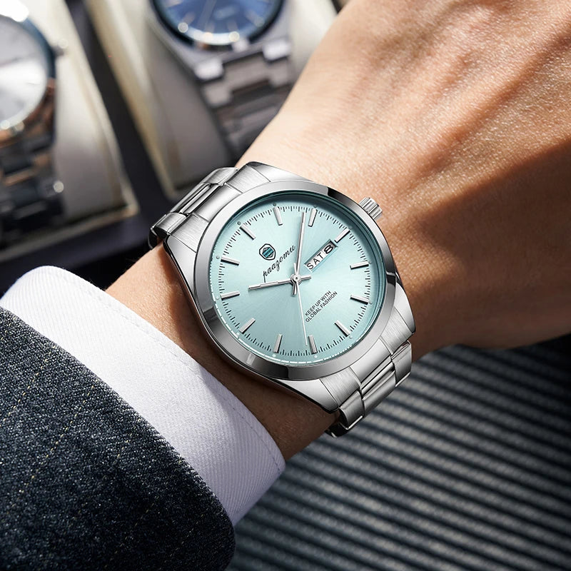 PAAZOMU Relógio masculino de quartzo de aço inoxidável 30 metros à prova d'água luminoso calendário automático estilo esportivo adequado para uso diário