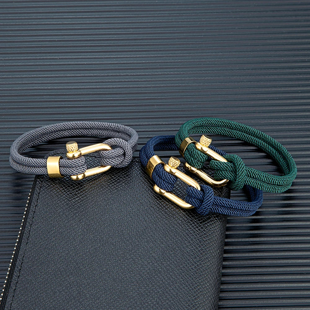 MKENDN Gold Color Stainless Steel Shackle Bracelet Simple Double Strand Nautical Rope Bracelets for Men Women Handmade Jewelry