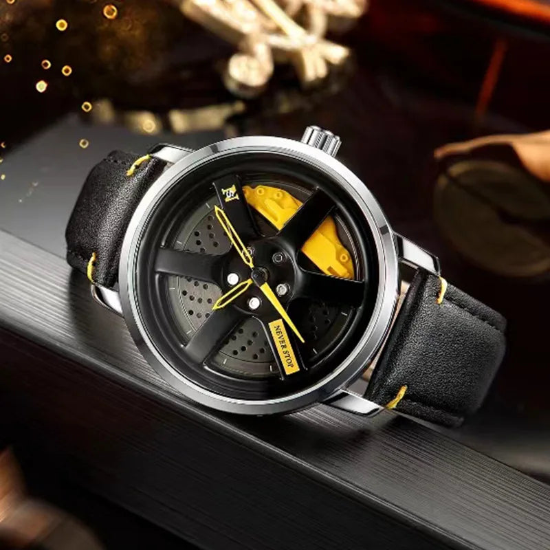 UTHAI L98 Marca Relógio Masculino Moda Esportes Personalidade Car Hub 360 °   Relógio de pulso masculino de quartzo de couro à prova d'água com rotação