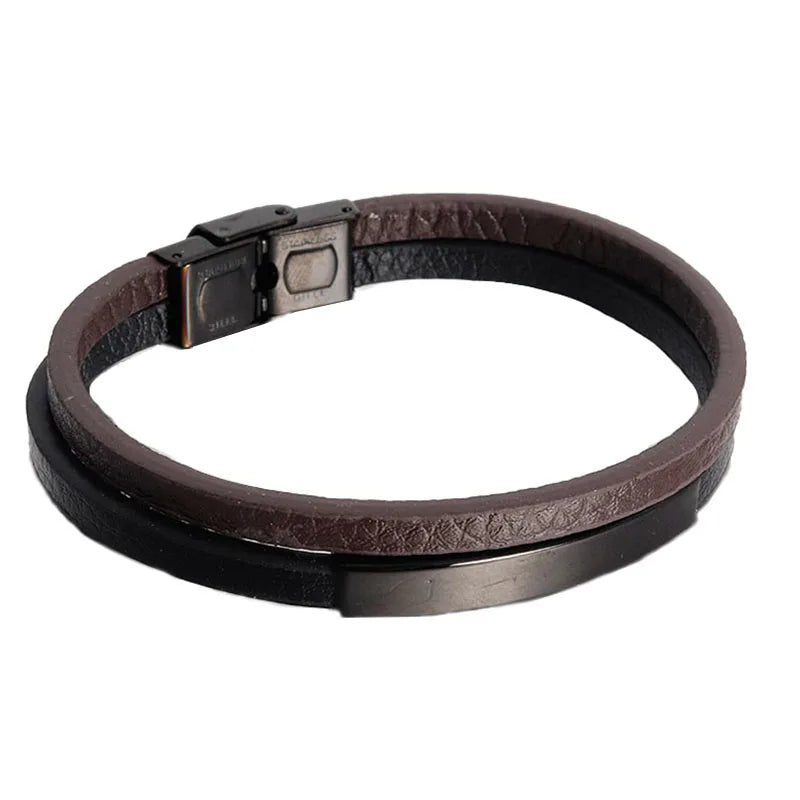 Simple Style Men's Black Genuine Leather Bracelet Classic Stainless Steel Insert Double-layer Braid Bangles For Men Friend Gift