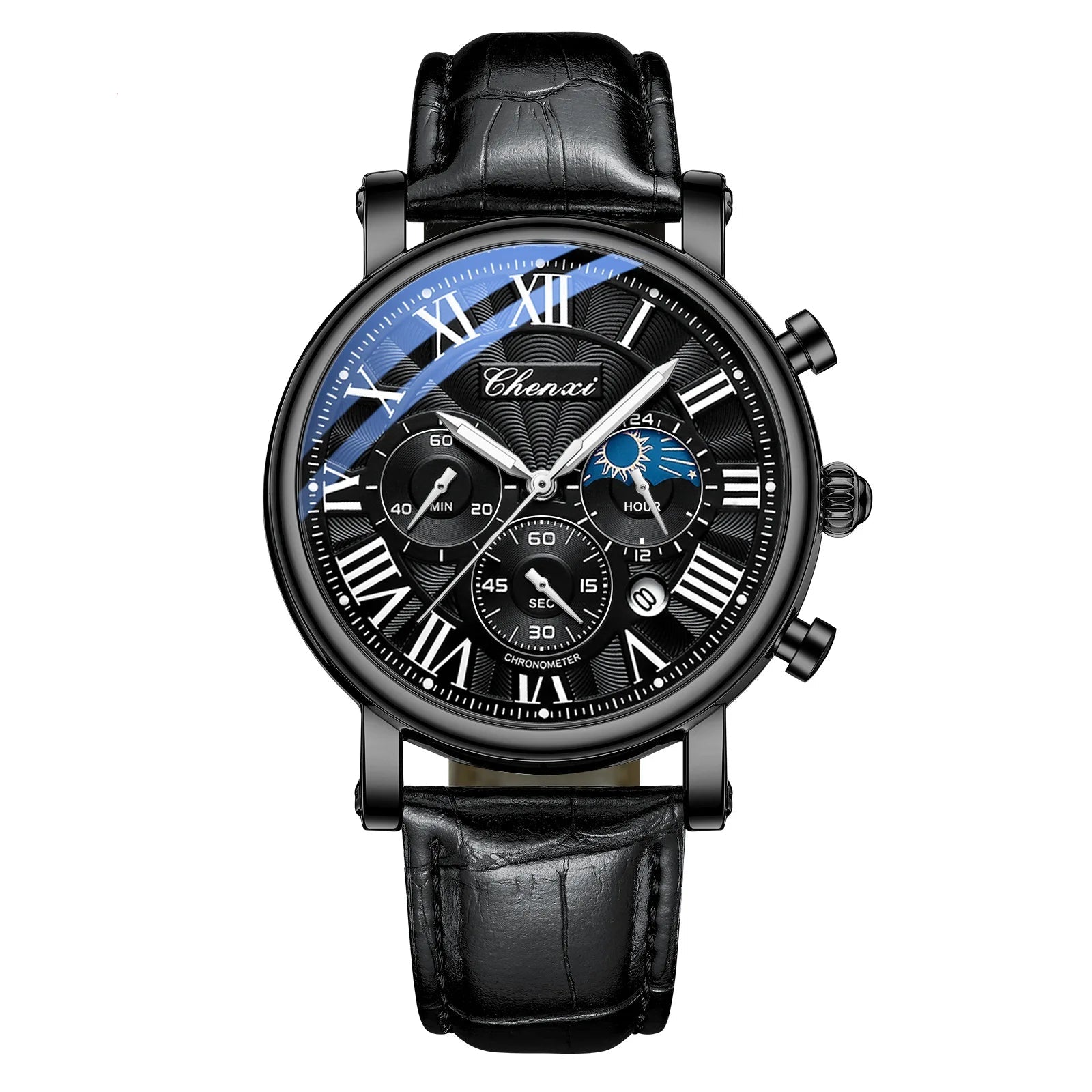Chenxi 973 relógio de quartzo masculino moda negócios fase da lua data multifuncional cronógrafo pulseira de couro relógio de pulso para masculino