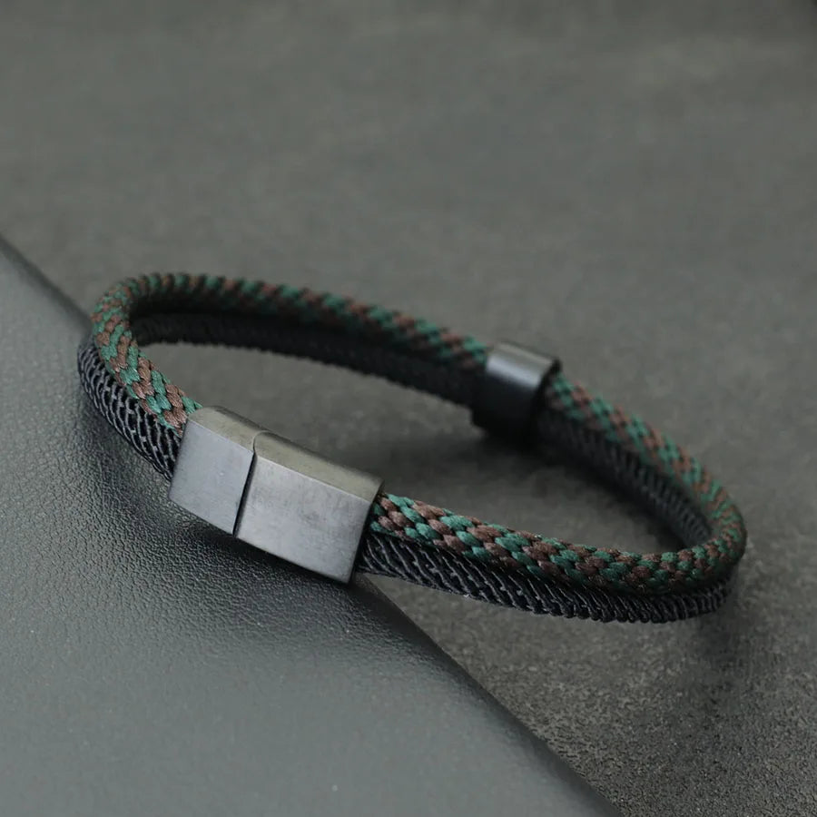 New Stylish Paracord Bracelet Men Stainless Steel Magnet Buckle Bicolor Thread Bangle Outdoor Riding Nautical Wrap Braslet Homme