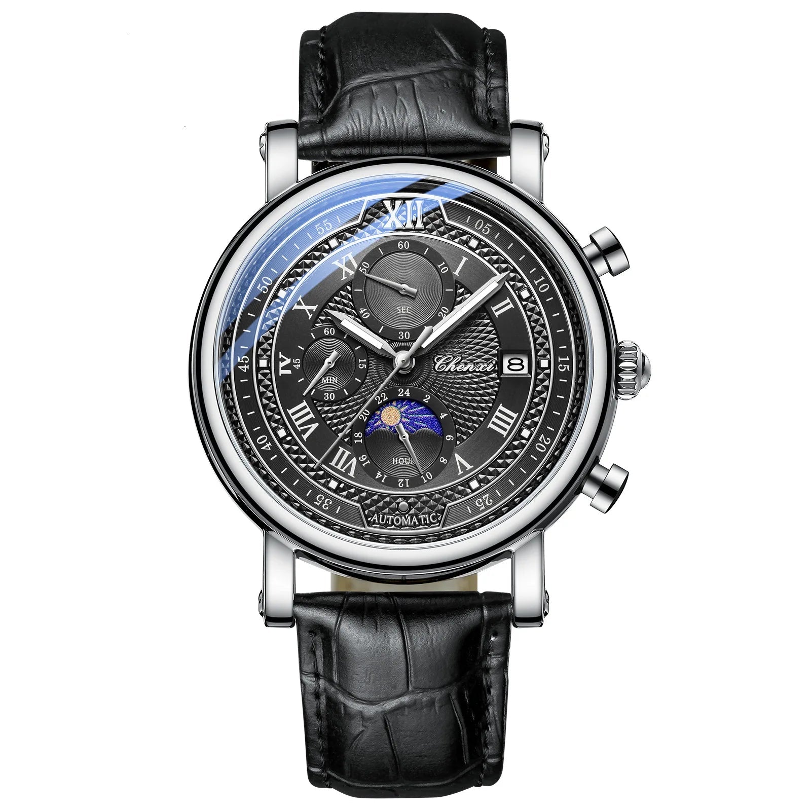 CHENXI-Relógio de quartzo de couro 976 masculino, fase da lua, cronógrafo luminoso, relógio de pulso comercial, relógio de pulso comercial
