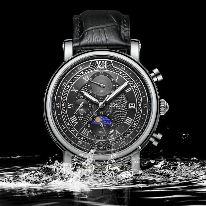 CHENXI-Relógio de quartzo de couro 976 masculino, fase da lua, cronógrafo luminoso, relógio de pulso comercial, relógio de pulso comercial