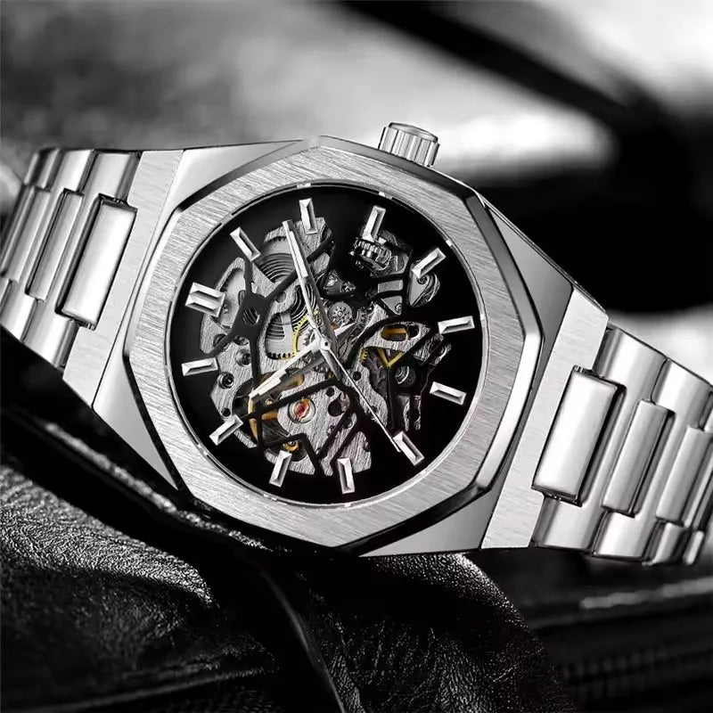 Forsining 344d moda esqueleto relógio mecânico masculino ponteiro de movimento automático luz noturna relógio de aço avançado masculino