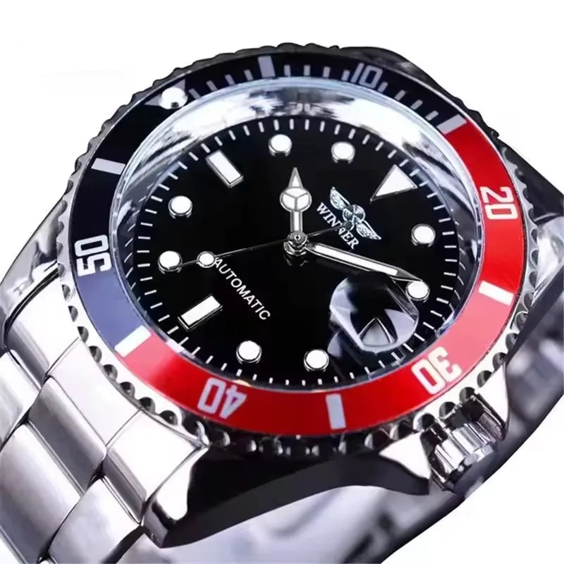Vencedor 002 relógio mecânico automático masculino avançado à prova dwaterproof água pulseira de aço inoxidável calendário luz noturna relógio de luxo masculino