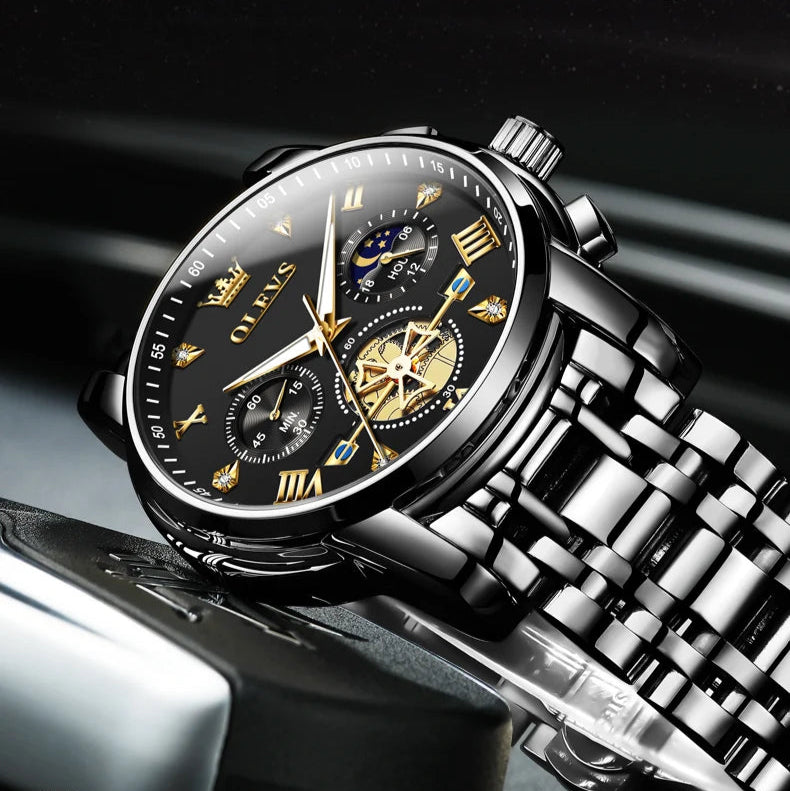 OLEVS 2856 Men's Watches Classic Multifunctional Fltwheel Chronograph Original Quartz Wristwatch Moon Phase 24 Hour Waterproof