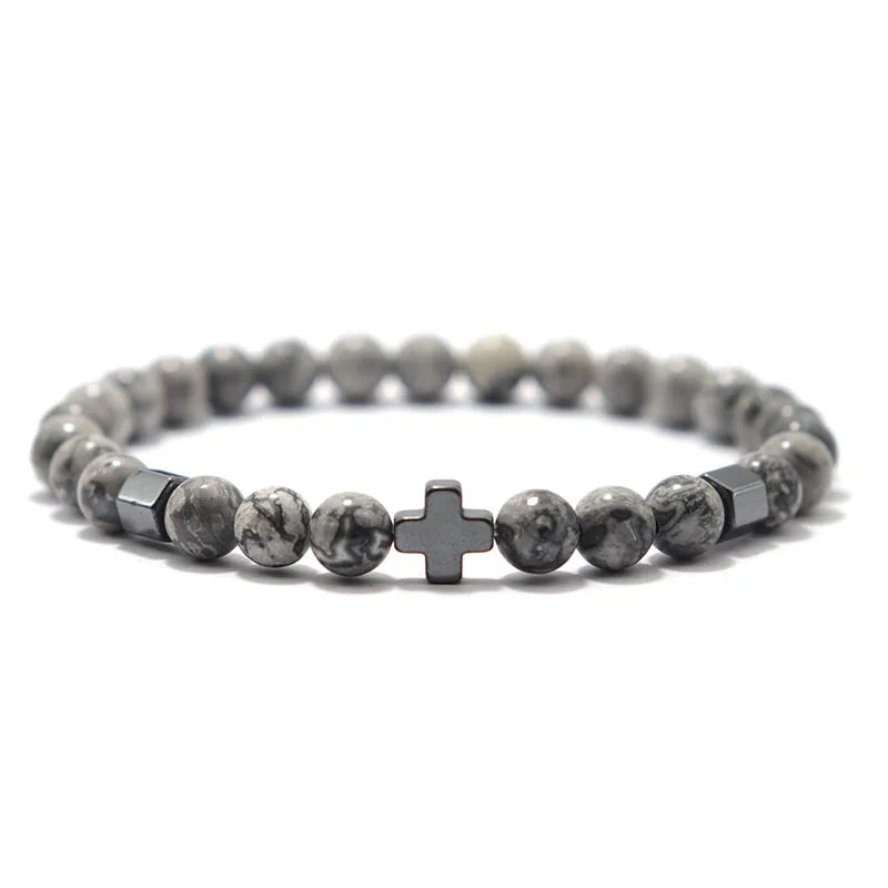 2pcs Men Bracelet Set Hematite Cross Braslet For Hombre Natural Lava Tiger Eyes Stone Braclet Homme Beaded Brazalete Pulseira