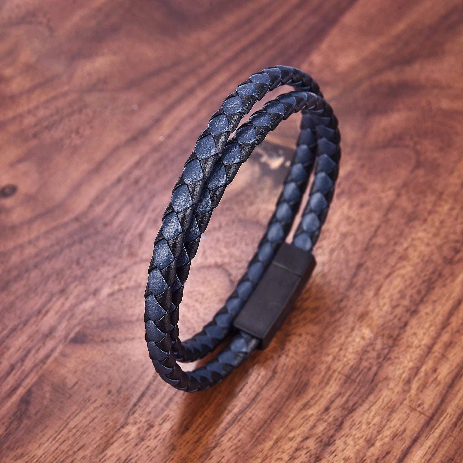 Simple Style Men's Black Genuine Leather Bracelet Classic Stainless Steel Insert Double-layer Braid Bangles For Men Friend Gift