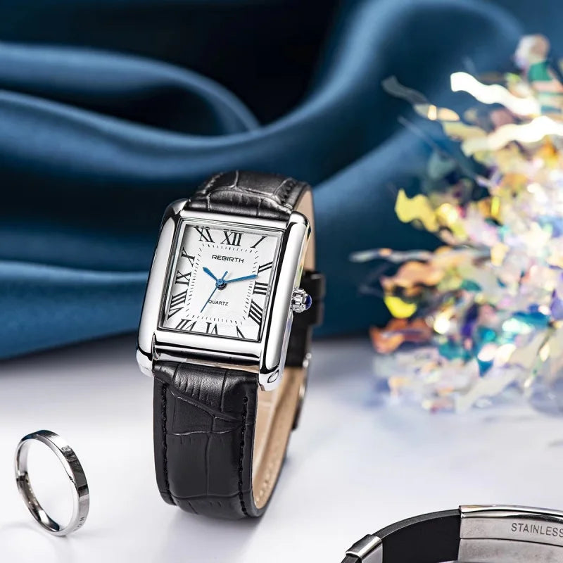 Renascimento 002 elegante relógio de quartzo feminino simples mostrador quadrado lazer pulseira couro à prova dwaterproof água simples elegante senhora relógios negócios
