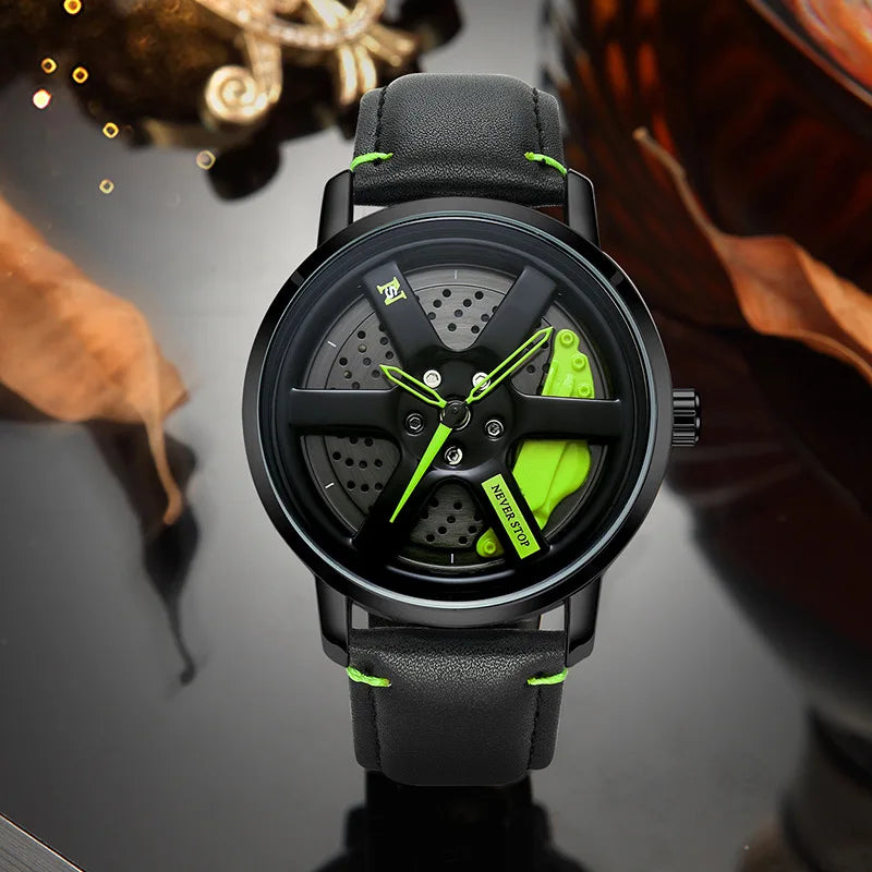 UTHAI L98 Marca Relógio Masculino Moda Esportes Personalidade Car Hub 360 °   Relógio de pulso masculino de quartzo de couro à prova d'água com rotação