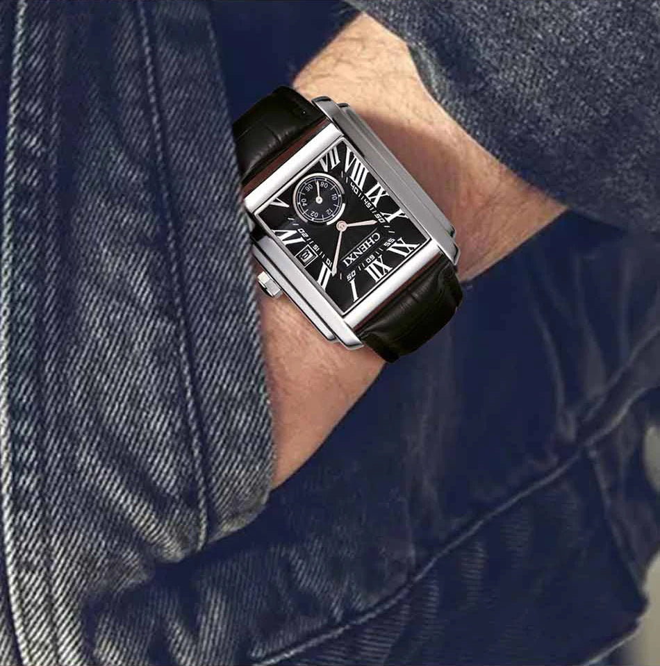 Chenxi 8216 relógios de quartzo casuais masculinos elegante mostrador quadrado pulseira de couro à prova d'água calendário simples relógio de pulso masculino de negócios