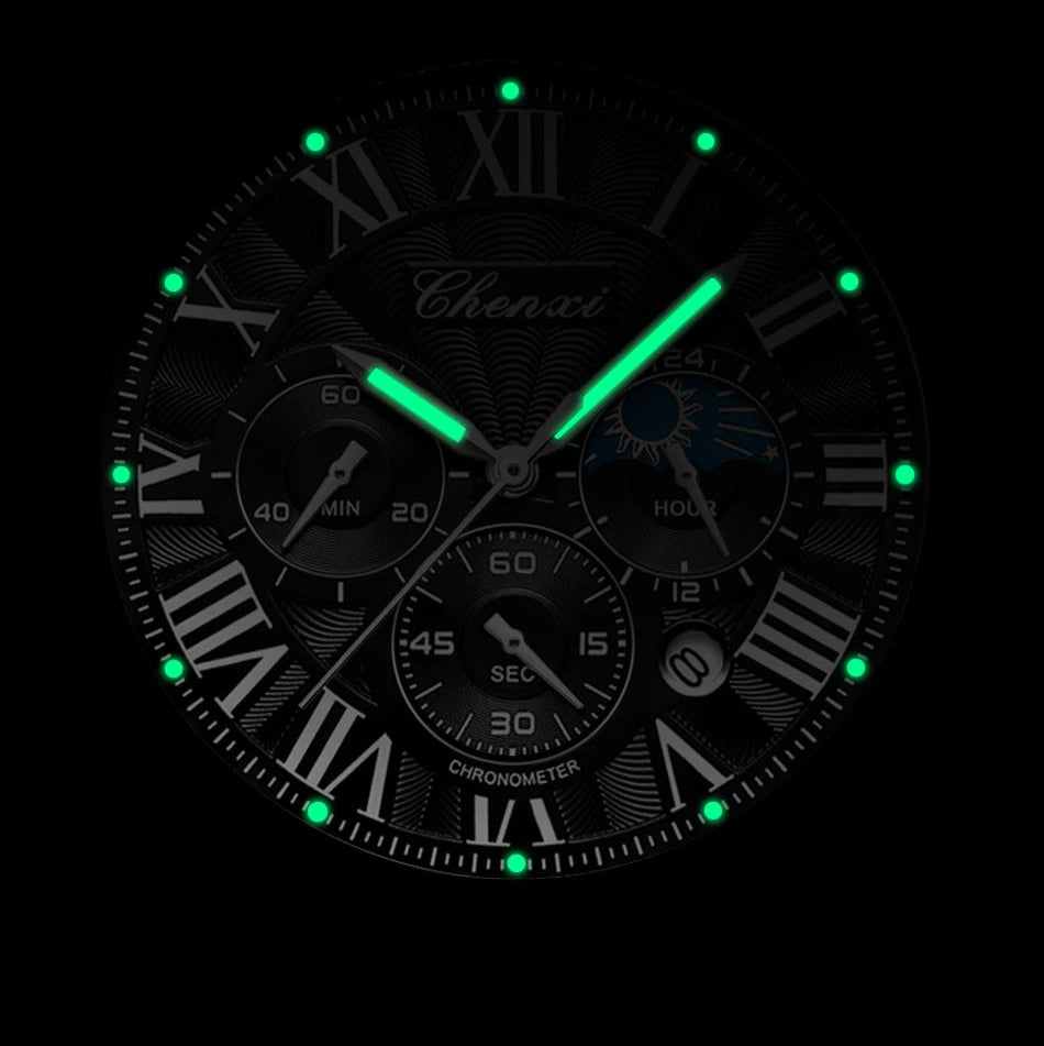 Chenxi 973 relógio de quartzo masculino moda negócios fase da lua data multifuncional cronógrafo pulseira de couro relógio de pulso para masculino