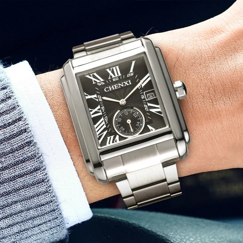 CHENXI 8216 Relógio de quartzo masculino de negócios casual quadrado à prova d'água pulseira de aço inoxidável calendário relógios clássicos da moda para homens