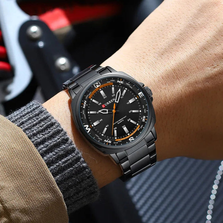 Curren 8455 relógio de quartzo masculino lazer negócios moda preto prateado display analógico pulseira de aço inoxidável para relógio masculino