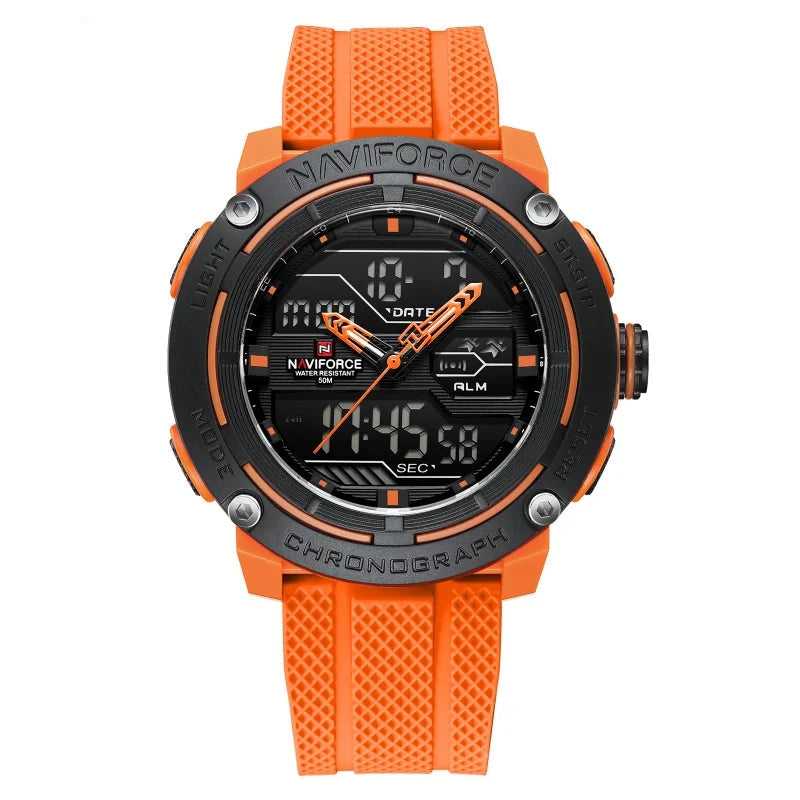NAVIFORCE 7114 Relógio de pulso eletrônico de quartzo masculino com display duplo calendário pulseira de silicone à prova d'água relógios esportivos casuais para homens
