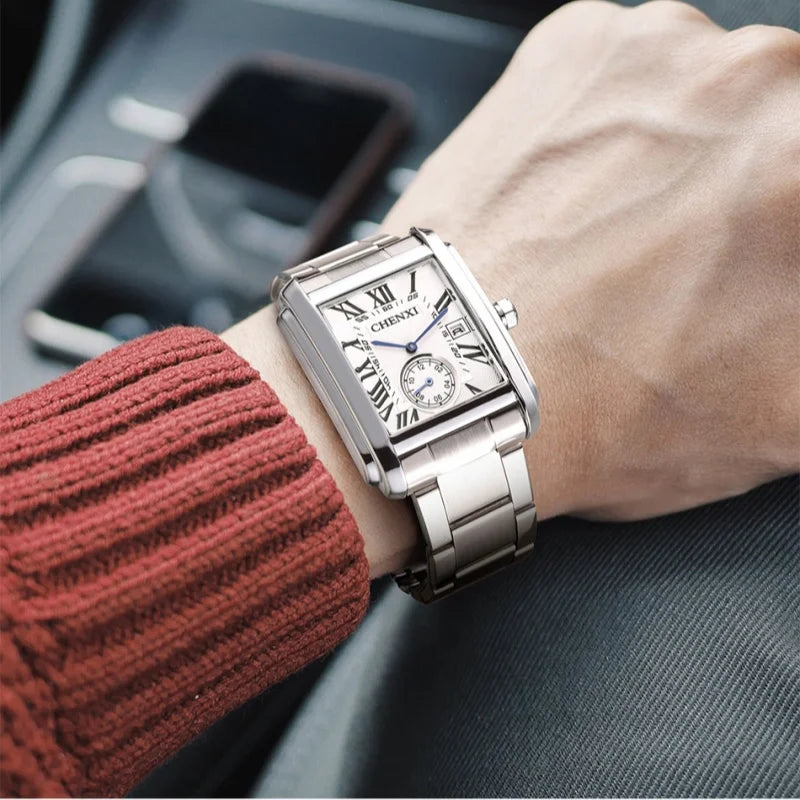 CHENXI 8216 Relógio de quartzo masculino de negócios casual quadrado à prova d'água pulseira de aço inoxidável calendário relógios clássicos da moda para homens