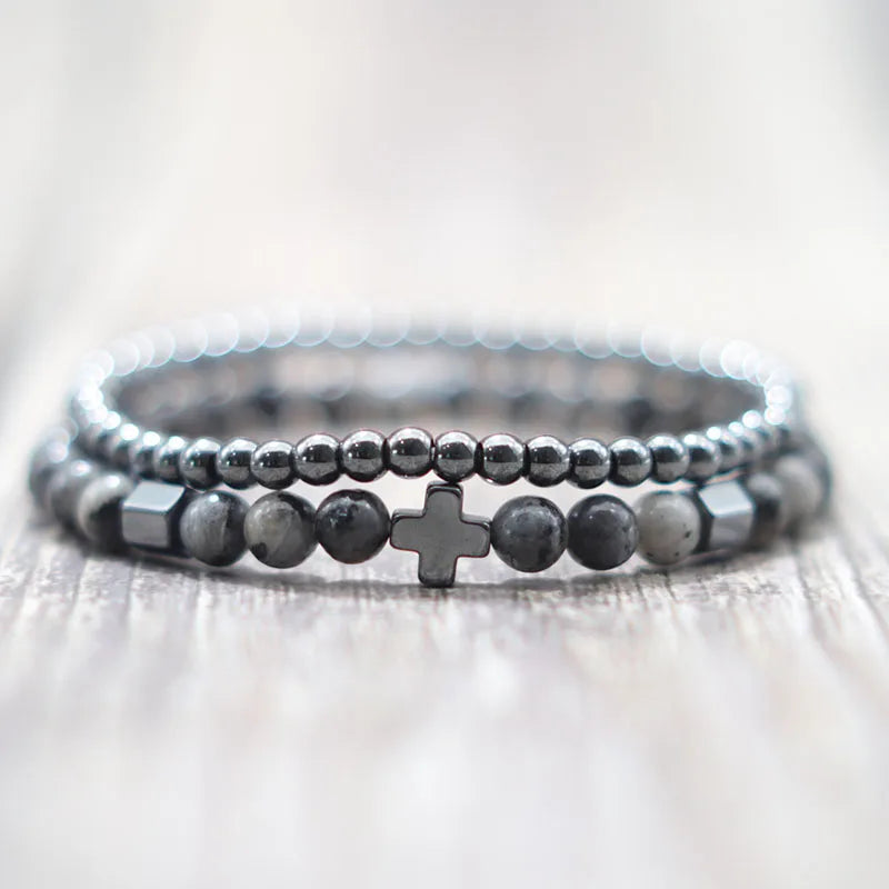 2pcs Men Bracelet Set Hematite Cross Braslet For Hombre Natural Lava Tiger Eyes Stone Braclet Homme Beaded Brazalete Pulseira