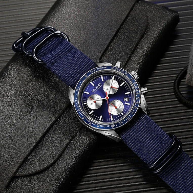 Megir 2247 relógio de quartzo de luxo masculino lona tecelagem cinta cronógrafo calendário vida à prova dwaterproof água lazer moda relógio masculino presente