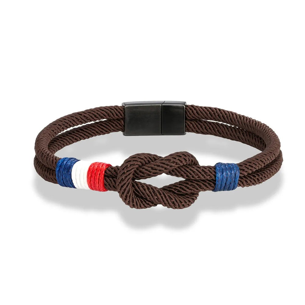 MKENDN Black Stainless Steel Square Knot Rope Bracelet Men Women Handmade Woven Double-Layer Design France Flag Couple Jewelry
