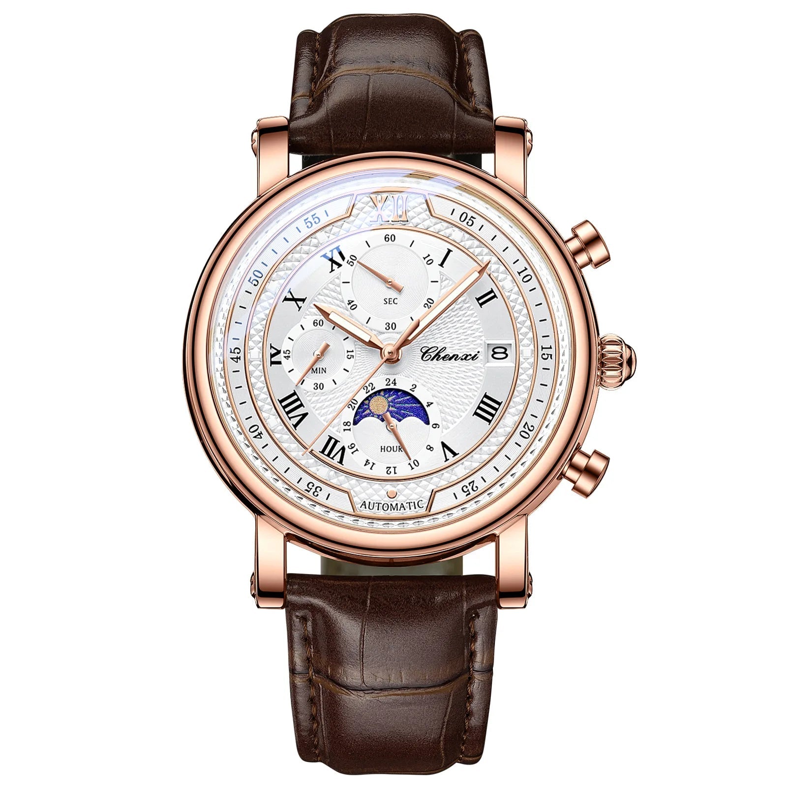 CHENXI-Relógio de quartzo de couro 976 masculino, fase da lua, cronógrafo luminoso, relógio de pulso comercial, relógio de pulso comercial