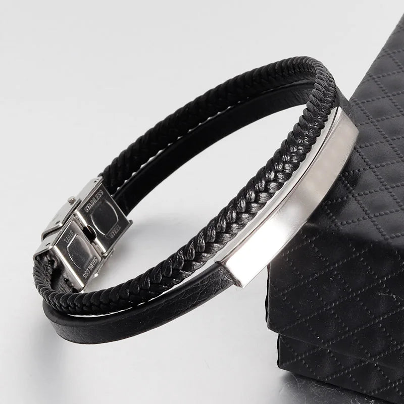 Simple Style Men's Black Genuine Leather Bracelet Classic Stainless Steel Insert Double-layer Braid Bangles For Men Friend Gift