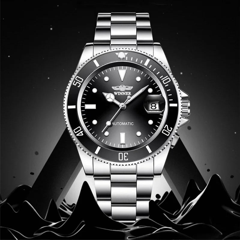 Vencedor 002 relógio mecânico automático masculino avançado à prova dwaterproof água pulseira de aço inoxidável calendário luz noturna relógio de luxo masculino