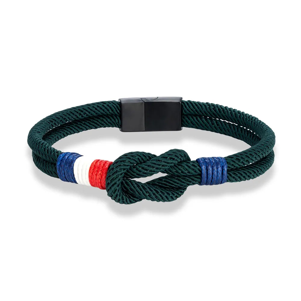 MKENDN Black Stainless Steel Square Knot Rope Bracelet Men Women Handmade Woven Double-Layer Design France Flag Couple Jewelry