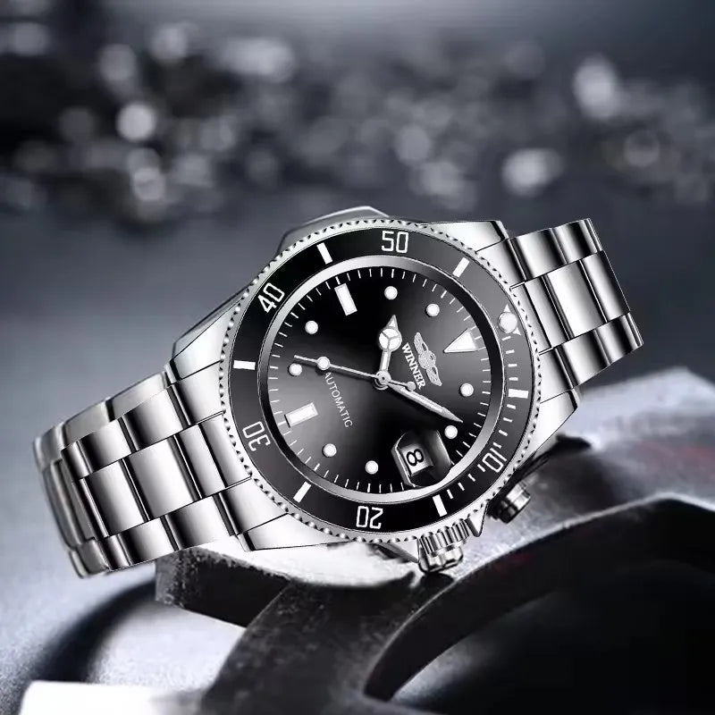 Vencedor 002 relógio mecânico automático masculino avançado à prova dwaterproof água pulseira de aço inoxidável calendário luz noturna relógio de luxo masculino