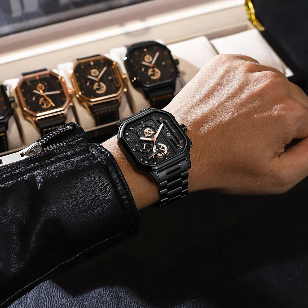 Poedagar homem relógio de pulso moda luminosa à prova dwaterproof água cronógrafo data relógio masculino quadrado aço inoxidável quartzo relógios masculinos reloj