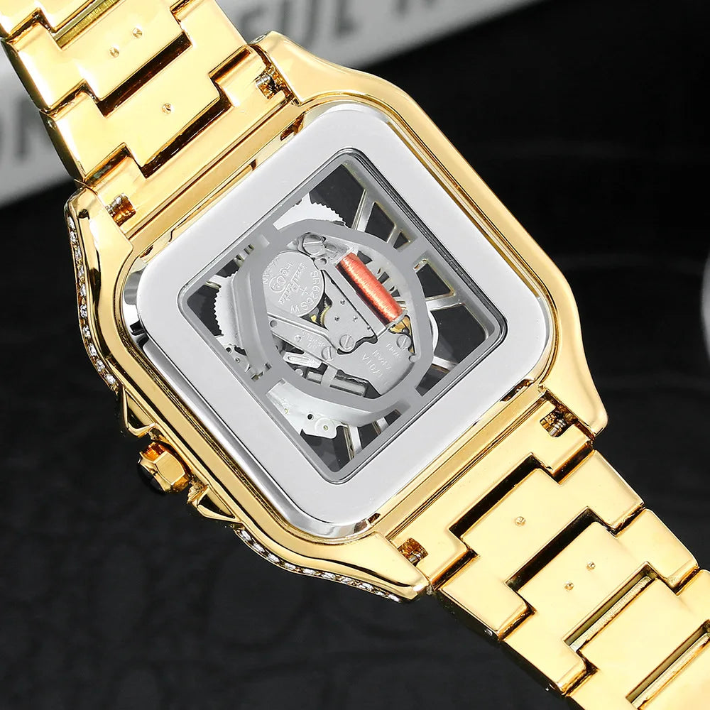 THAI-Relógio de quartzo quadrado impermeável masculino, luxo, oco, Hip Hop, diamante completo, metal, relógio, presente, W86, moda, novo, 2024